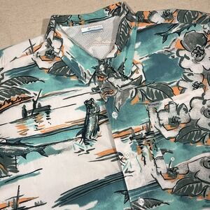 Columbia Mens Large Teal Orange Vented Shirt PFG Fishing Scene Trollers Hawaiian